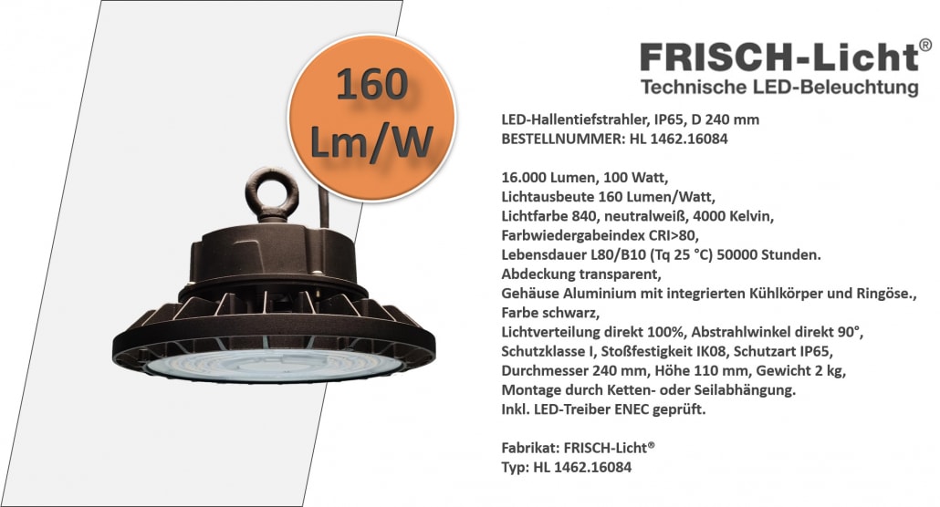 FRISCH-Licht LED-Hallentiefstrahler, IP65, D 240 mm 100W 16000lm