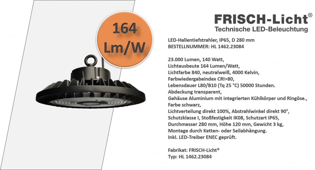 FRISCH-Licht LED-Hallentiefstrahler, IP65, D 280 mm 140W 23000lm